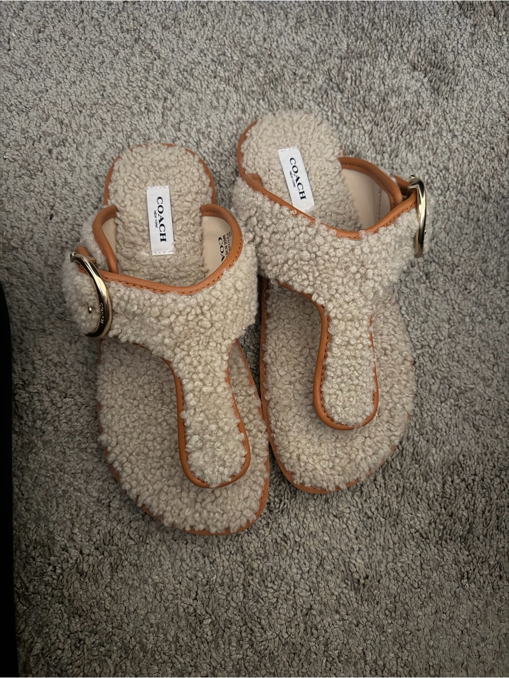 Coach Cream Sherpa Thong Mules with Tan Trim and Gold Buckle